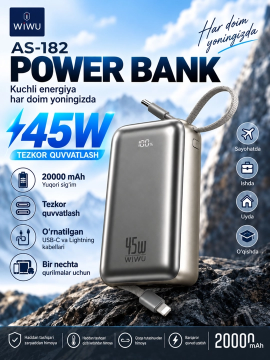 WIWU Power Bank — tez zaryadlovchi tashqi akkumulyator, CCC sertifikatli - 