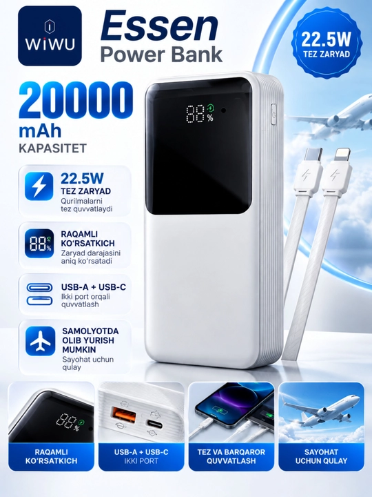 WIWU Power Bank — tez zaryadlovchi tashqi akkumulyator, CCC sertifikatli - 