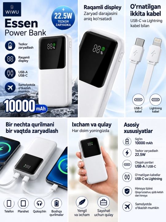 WIWU Power Bank — tez zaryadlovchi tashqi akkumulyator, CCC sertifikatli