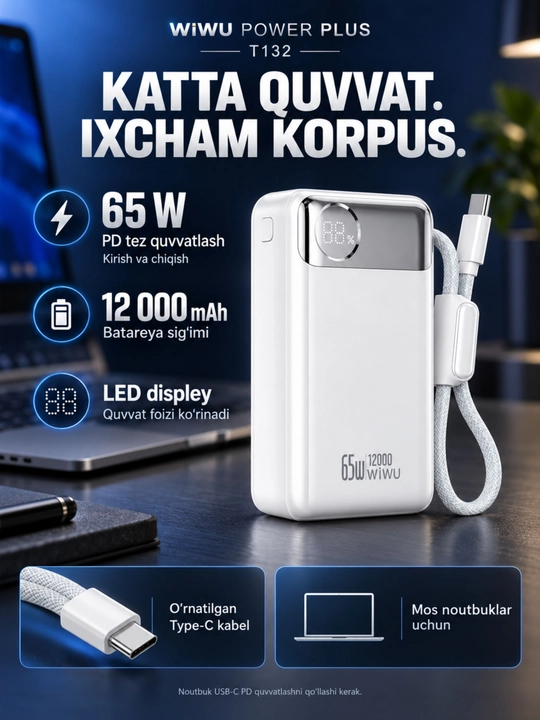 WIWU Power Bank — tez zaryadlovchi tashqi akkumulyator, CCC sertifikatli