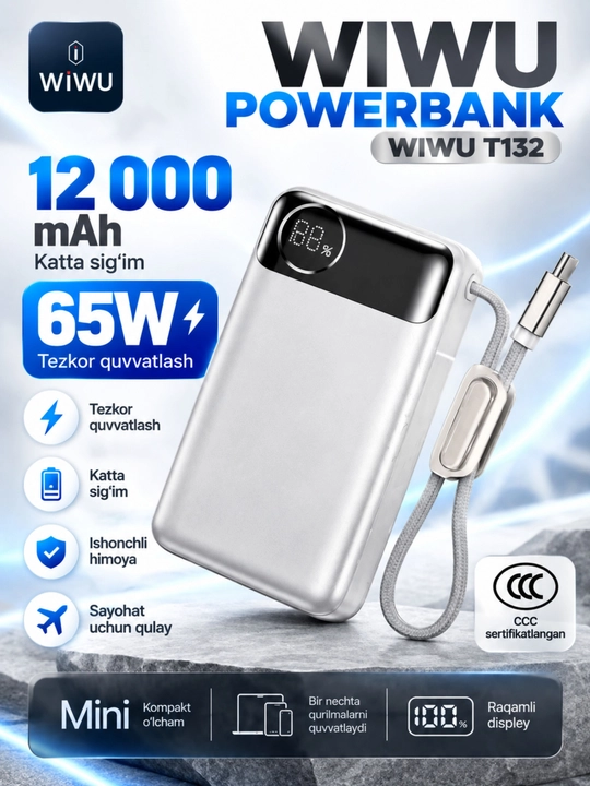 WIWU Power Bank — tez zaryadlovchi tashqi akkumulyator, CCC sertifikatli - 