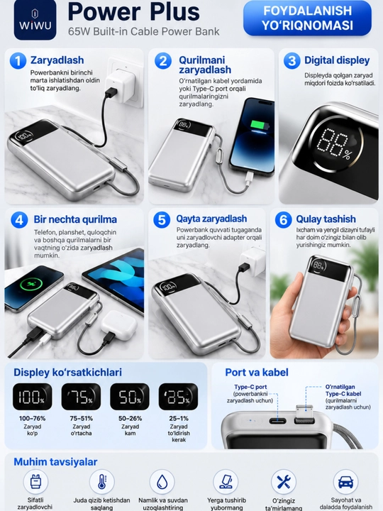 WIWU Power Bank — tez zaryadlovchi tashqi akkumulyator, CCC sertifikatli