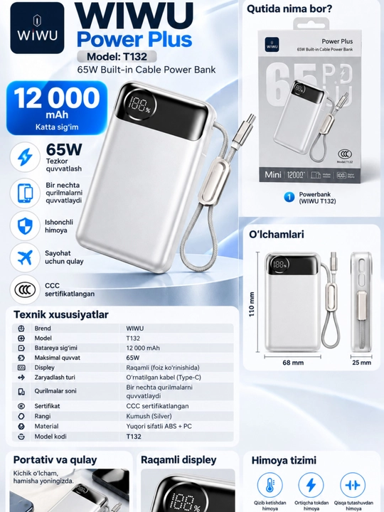 WIWU Power Bank — tez zaryadlovchi tashqi akkumulyator, CCC sertifikatli
