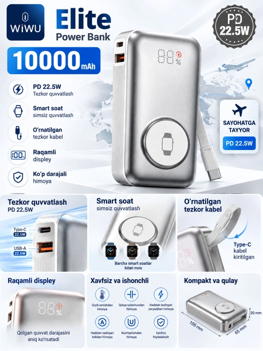 WIWU Power Bank — tez zaryadlovchi tashqi akkumulyator, CCC sertifikatli