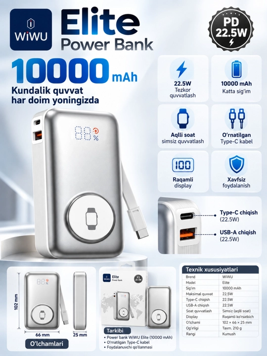WIWU Power Bank — tez zaryadlovchi tashqi akkumulyator, CCC sertifikatli
