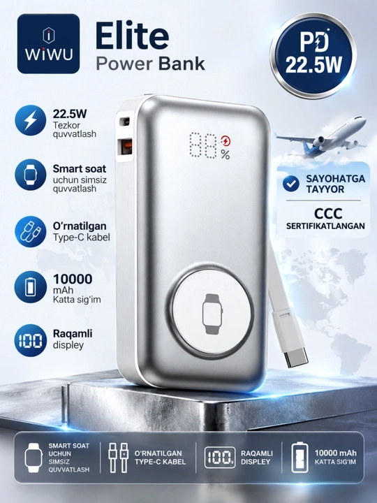 WIWU Power Bank — tez zaryadlovchi tashqi akkumulyator, CCC sertifikatli