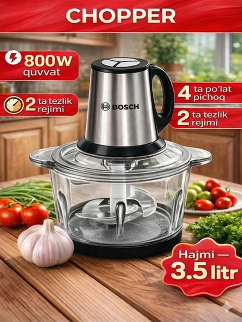 Chopper Bosch 800W, elektr maydalagich-blender, 4 pichoqli - 