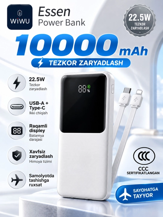 WIWU Power Bank — tez zaryadlovchi tashqi akkumulyator, CCC sertifikatli - 