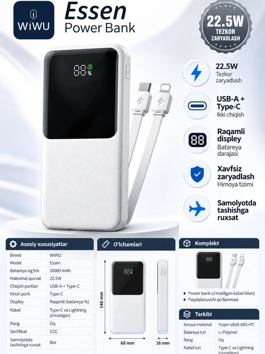 WIWU Power Bank — tez zaryadlovchi tashqi akkumulyator, CCC sertifikatli