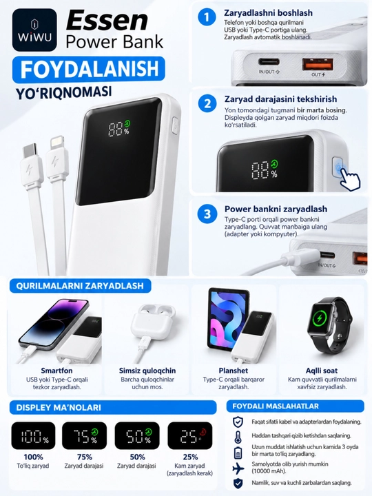 WIWU Power Bank — tez zaryadlovchi tashqi akkumulyator, CCC sertifikatli