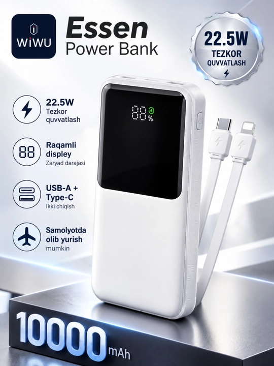 WIWU Power Bank — tez zaryadlovchi tashqi akkumulyator, CCC sertifikatli