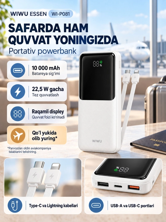 WIWU Power Bank — tez zaryadlovchi tashqi akkumulyator, CCC sertifikatli
