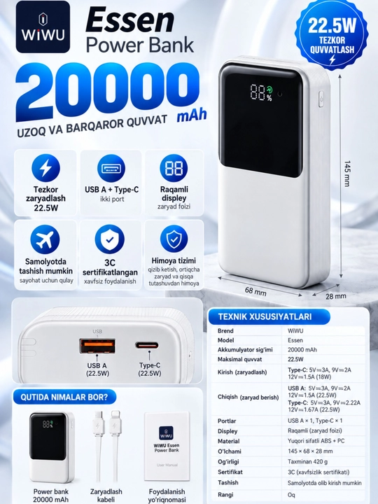 WIWU Power Bank — tez zaryadlovchi tashqi akkumulyator, CCC sertifikatli