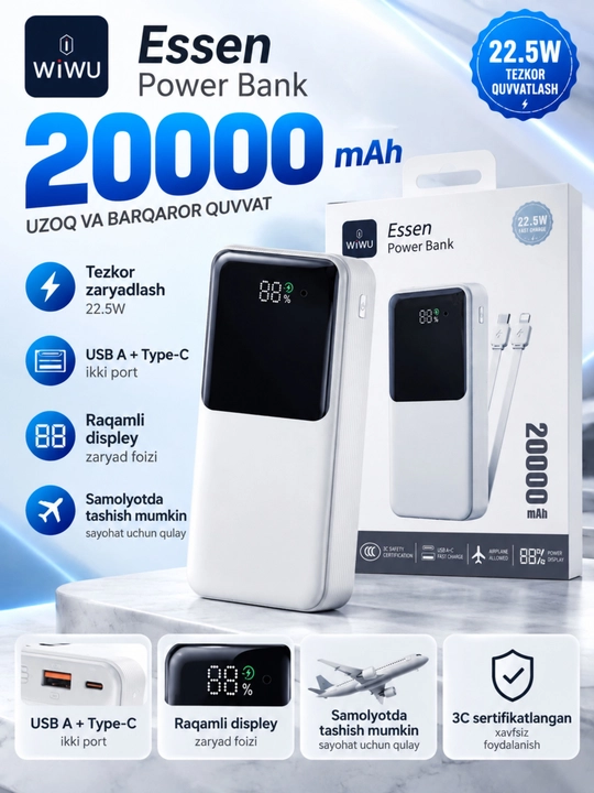 WIWU Power Bank — tez zaryadlovchi tashqi akkumulyator, CCC sertifikatli