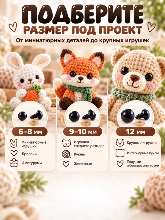 Глазки для игрушек с заглушками 142 шт, 6–12 мм, набор для амигуруми