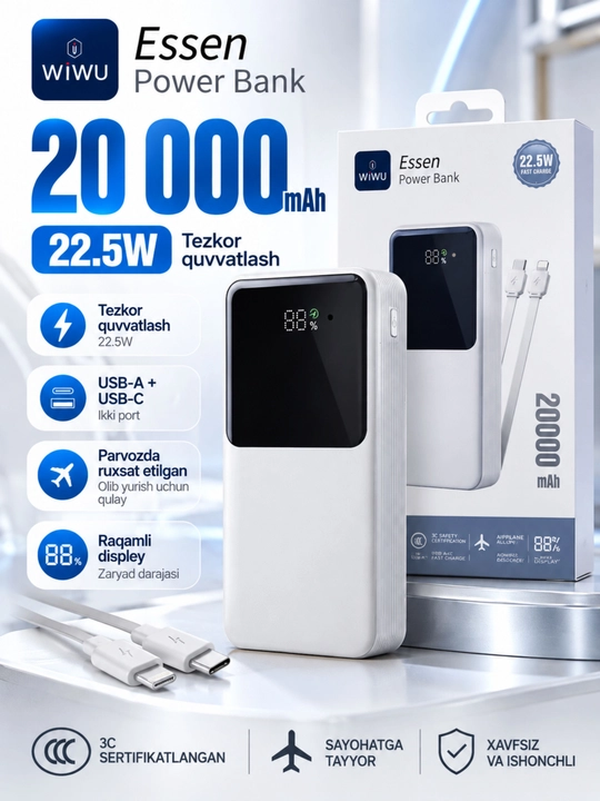 WIWU Power Bank — tez zaryadlovchi tashqi akkumulyator, CCC sertifikatli