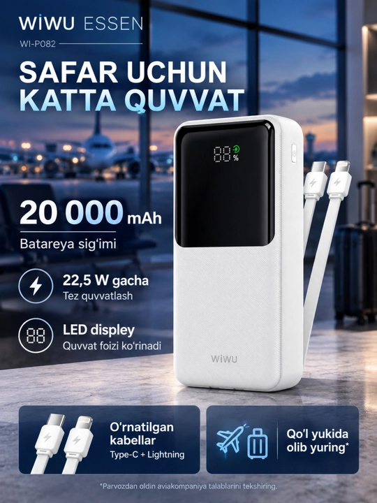 WIWU Power Bank — tez zaryadlovchi tashqi akkumulyator, CCC sertifikatli