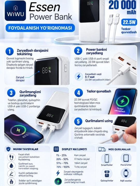 WIWU Power Bank — tez zaryadlovchi tashqi akkumulyator, CCC sertifikatli