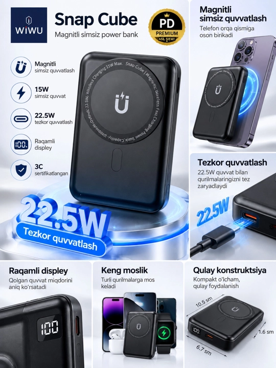 WIWU Power Bank — tez zaryadlovchi tashqi akkumulyator, CCC sertifikatli