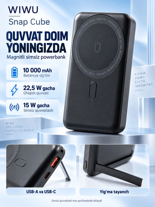 WIWU Power Bank — tez zaryadlovchi tashqi akkumulyator, CCC sertifikatli