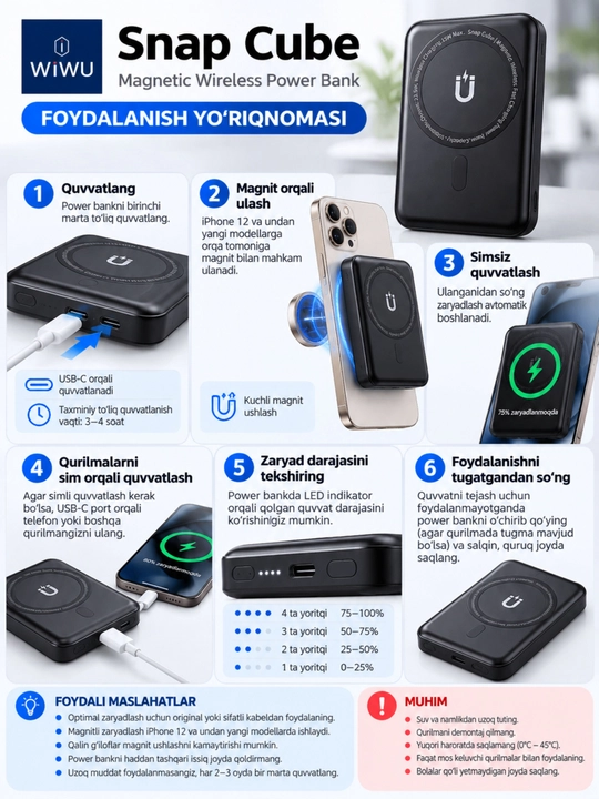 WIWU Power Bank — tez zaryadlovchi tashqi akkumulyator, CCC sertifikatli