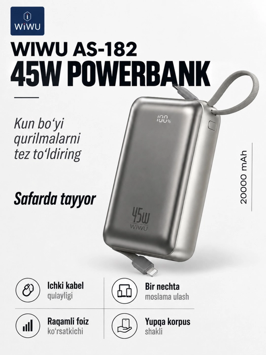 WIWU Power Bank — tez zaryadlovchi tashqi akkumulyator, CCC sertifikatli