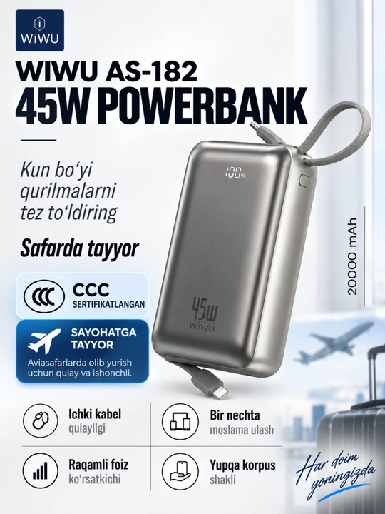 WIWU Power Bank — tez zaryadlovchi tashqi akkumulyator, CCC sertifikatli