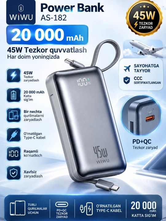 WIWU Power Bank — tez zaryadlovchi tashqi akkumulyator, CCC sertifikatli