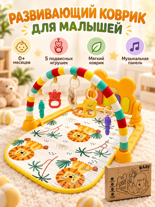 Развивающий музыкальный коврик для малышей с пианино и подвесными игрушками - 