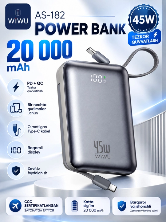WIWU Power Bank — tez zaryadlovchi tashqi akkumulyator, CCC sertifikatli