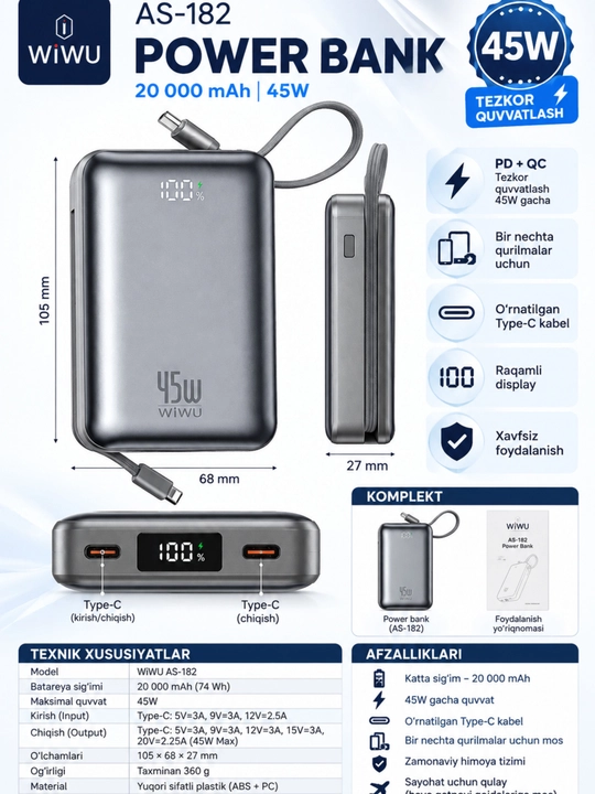 WIWU Power Bank — tez zaryadlovchi tashqi akkumulyator, CCC sertifikatli