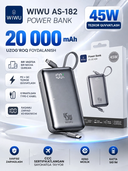 WIWU Power Bank — tez zaryadlovchi tashqi akkumulyator, CCC sertifikatli
