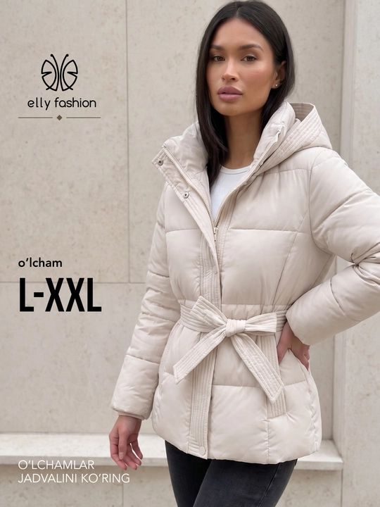 Ayollar qishki kurtkasi, issiq, kapyushonli va belbog‘li ELLY FASHION - 