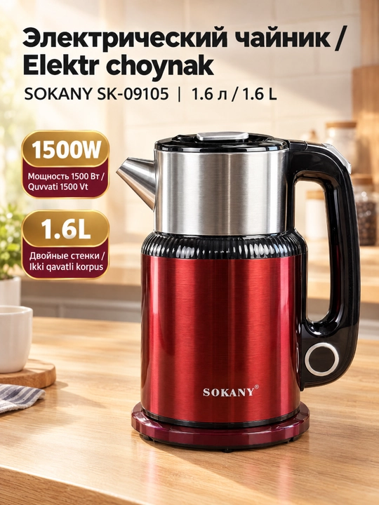 Электрический чайник SOKANY SK-09105,1,6 л,1500 Вт, двухслойный корпус, 360° подставка - 