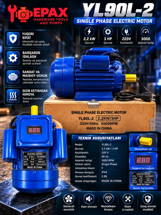 Elektr Dvigatel YL90-2, 2.2 kW (3 HP), 220V, Bir Fazali, 3000 RPM - 