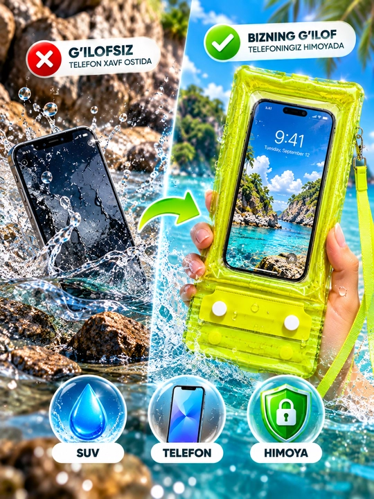 Telefon uchun suv o‘tkazmaydigan g‘ilof, germetik va universal chexol, basseyn uchun