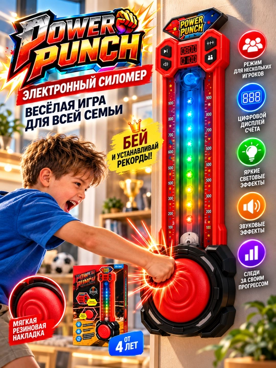 Электронный силомер Power Punch — детская игра-тренажёр с мягкой накладкой и счётчиком - 