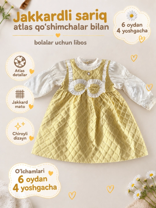 6 oylikdan 8 yoshgacha qizaloqlar uchun quzgi bayramona va kundalik ko‘ylak - 