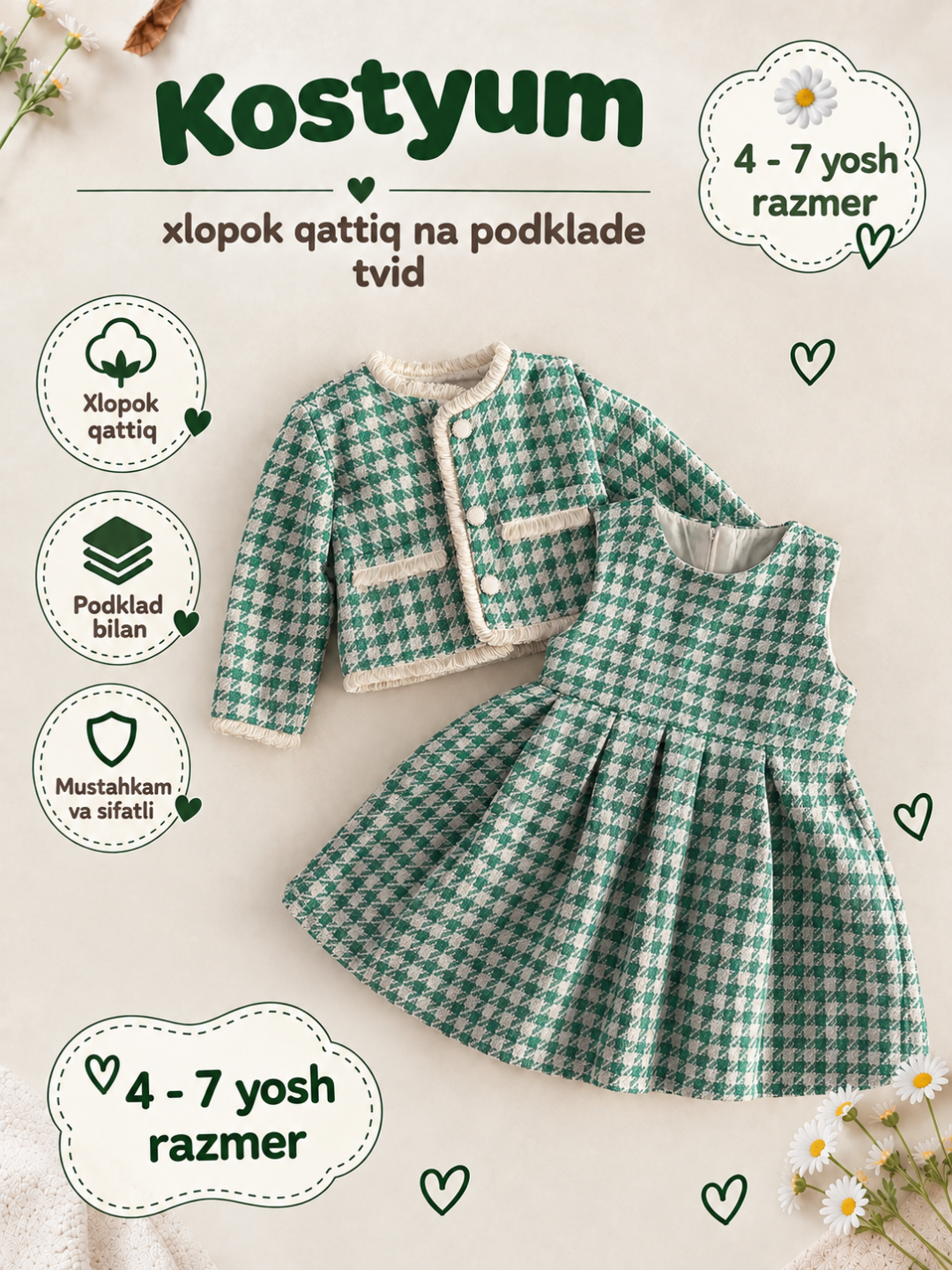 6 oylikdan 8 yoshgacha qizaloqlar uchun quzgi bayramona va kundalik ko‘ylak - 