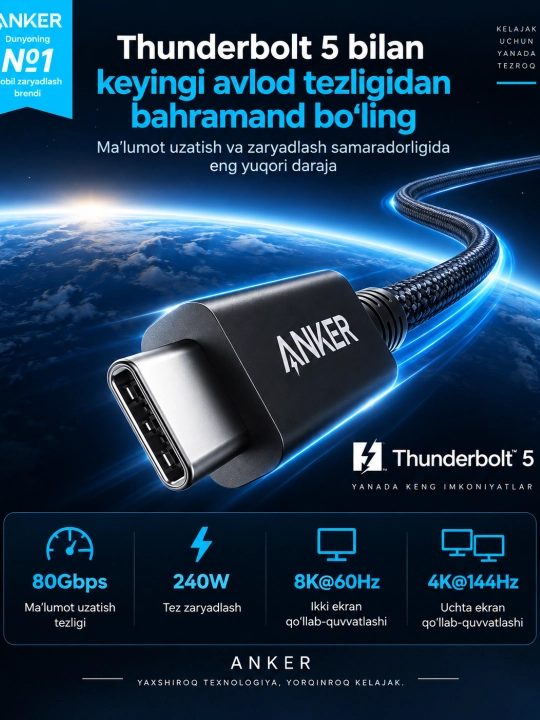 Кабель Anker Prime USB-C to USB-C 240W 80Gbps