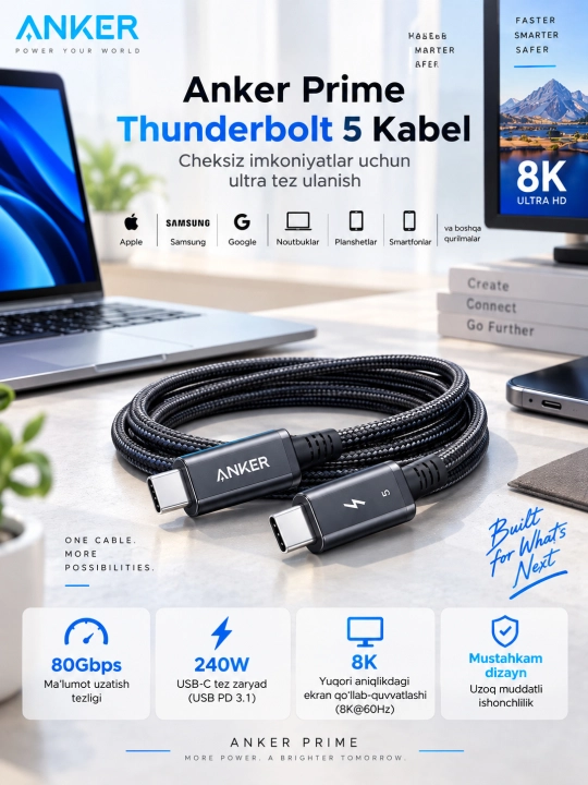 Кабель Anker Prime USB-C to USB-C 240W 80Gbps - 