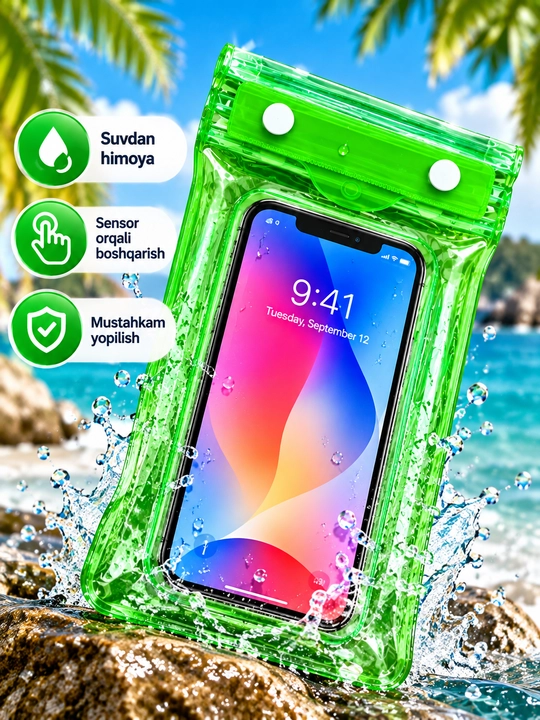 Telefon uchun suv o‘tkazmaydigan g‘ilof, germetik va universal chexol, basseyn uchun
