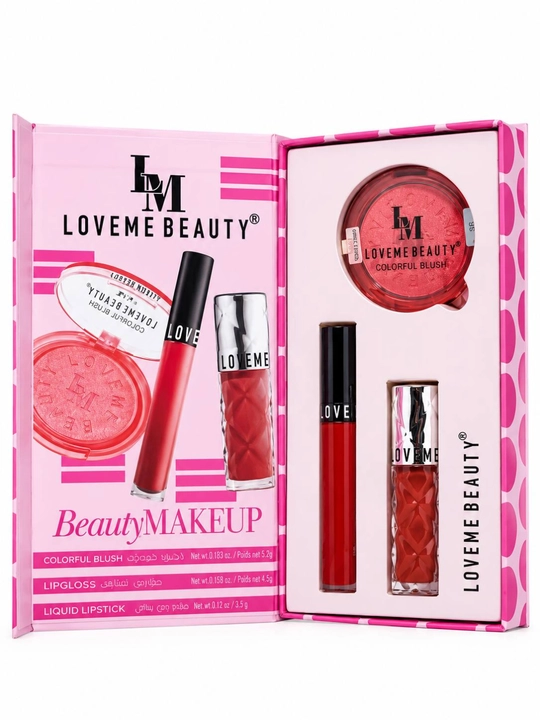 Набор для макияжа LoveMe Beauty 3в1: жидкая помада, блеск для губ, румяна, подарочный сет