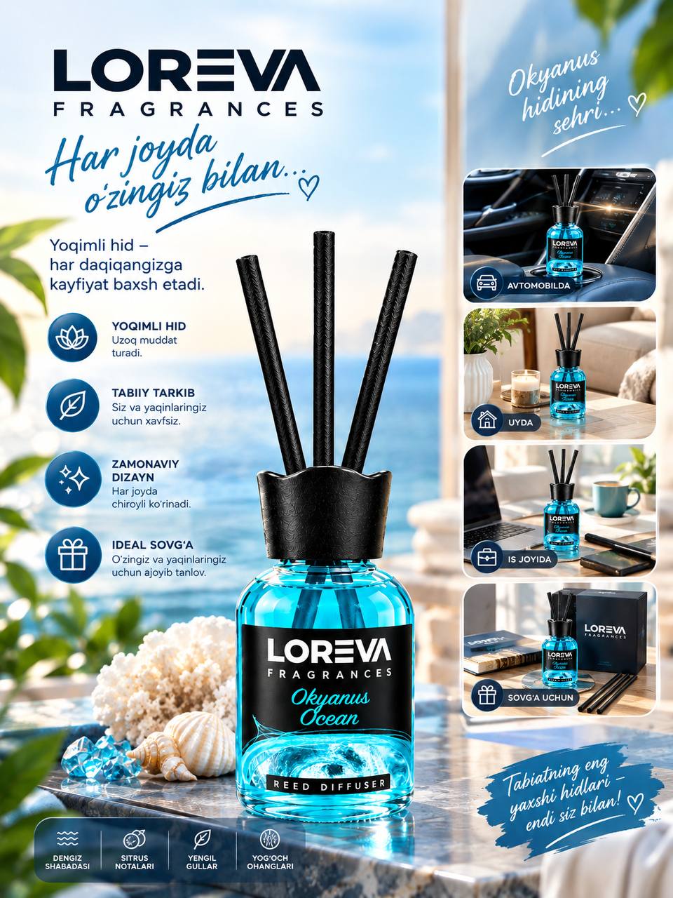 Аромадиффузор для дома Loreva с палочками, освежитель воздуха, Океан