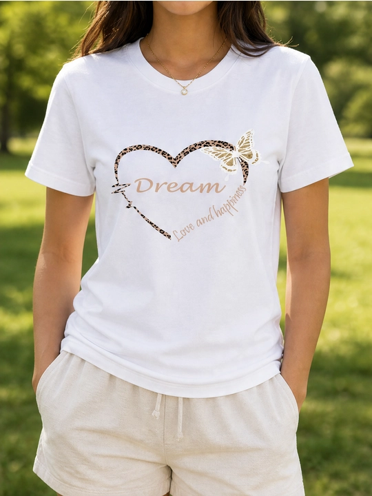 Ayollar uchun Dream yurak printli paxta oversayz futbolka, qisqa yengli