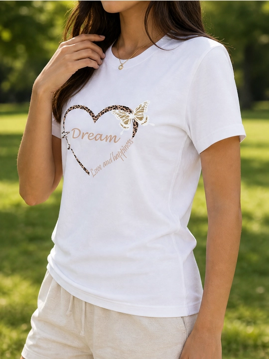 Ayollar uchun Dream yurak printli paxta oversayz futbolka, qisqa yengli