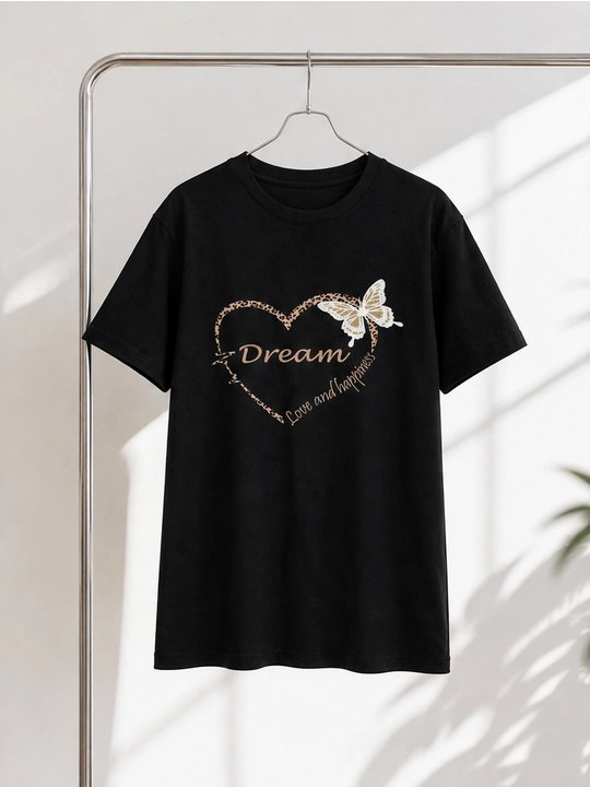 Ayollar uchun Dream yurak printli paxta oversayz futbolka, qisqa yengli