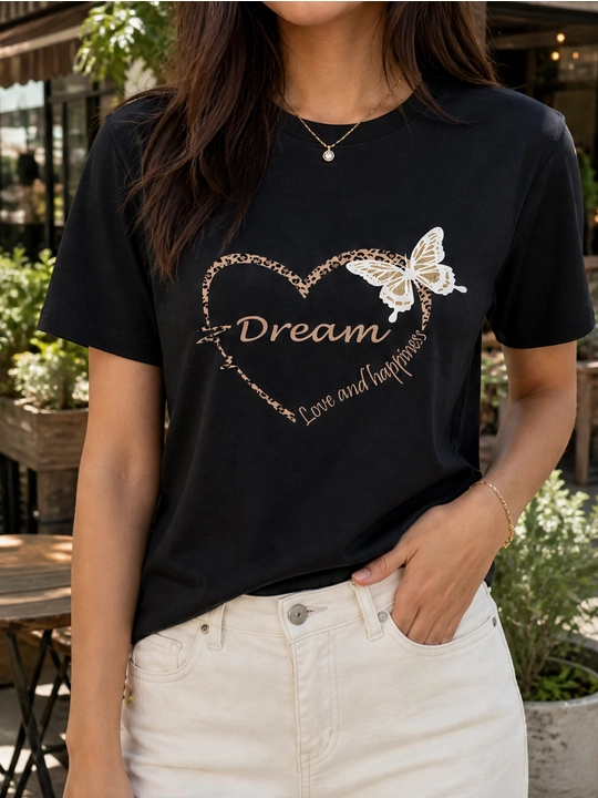Ayollar uchun Dream yurak printli paxta oversayz futbolka, qisqa yengli - 