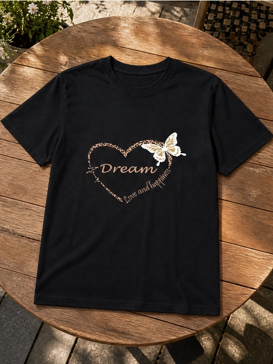 Ayollar uchun Dream yurak printli paxta oversayz futbolka, qisqa yengli