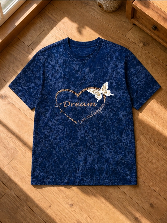 Ayollar uchun Dream yurak printli paxta oversayz futbolka, qisqa yengli - 